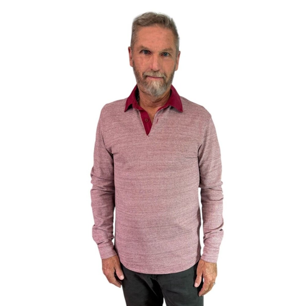 Orlebar Brown Long Sleeve Heathered Pink Polo Shirt w/ Burgundy Collar Size Med